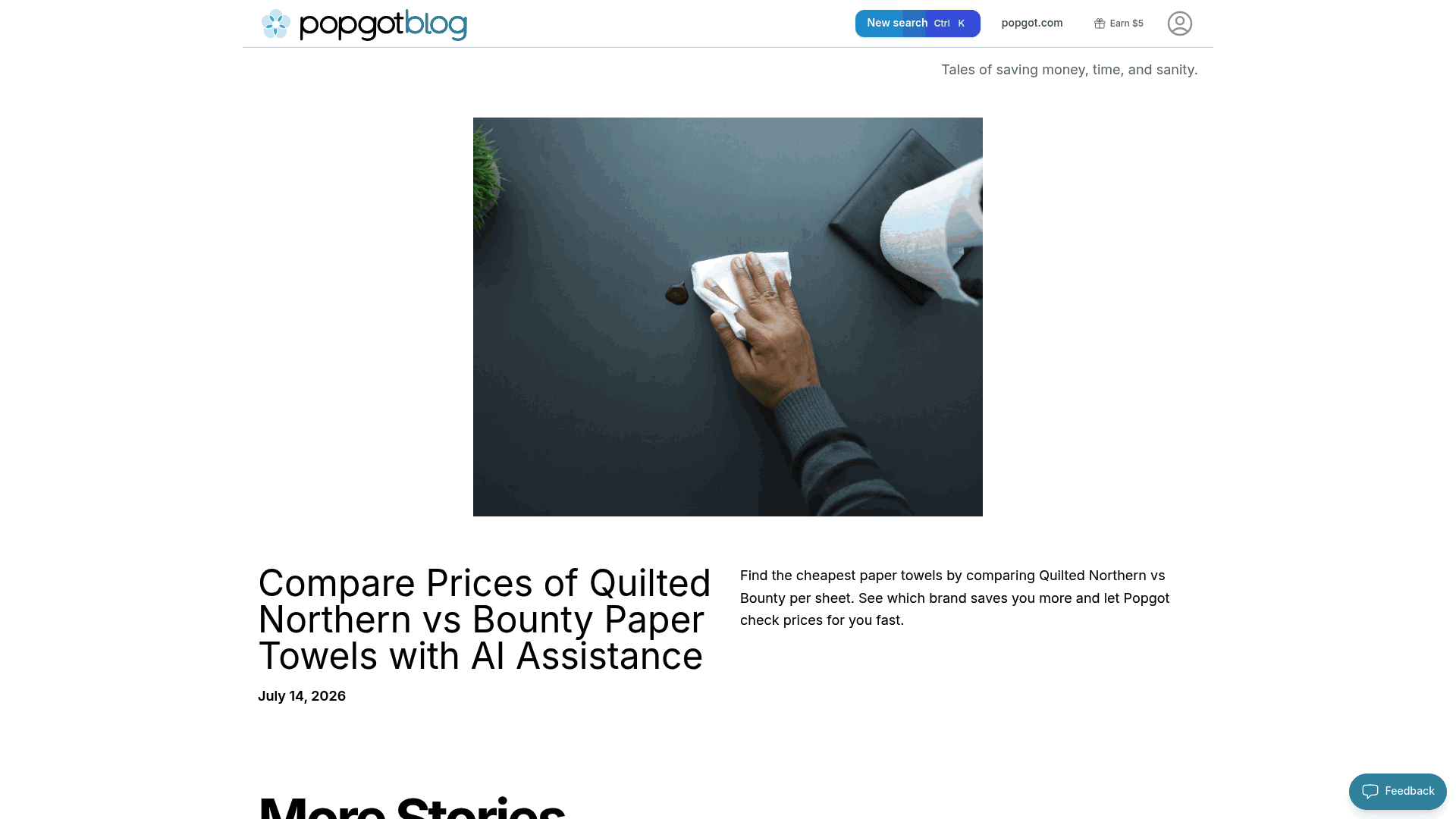 Screenshot: Popgot blog page featuring posts on price comparison and savings.