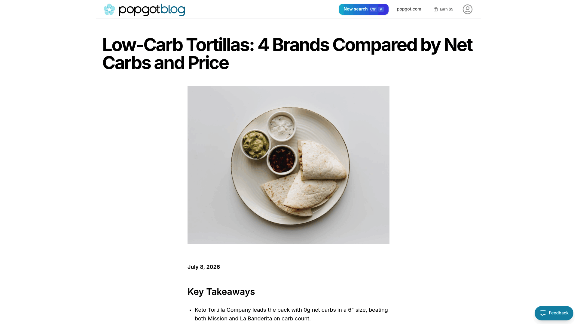 Screenshot: Table of four low‑carb tortilla brands showing net‑carb counts, price, and per‑ounce cost.