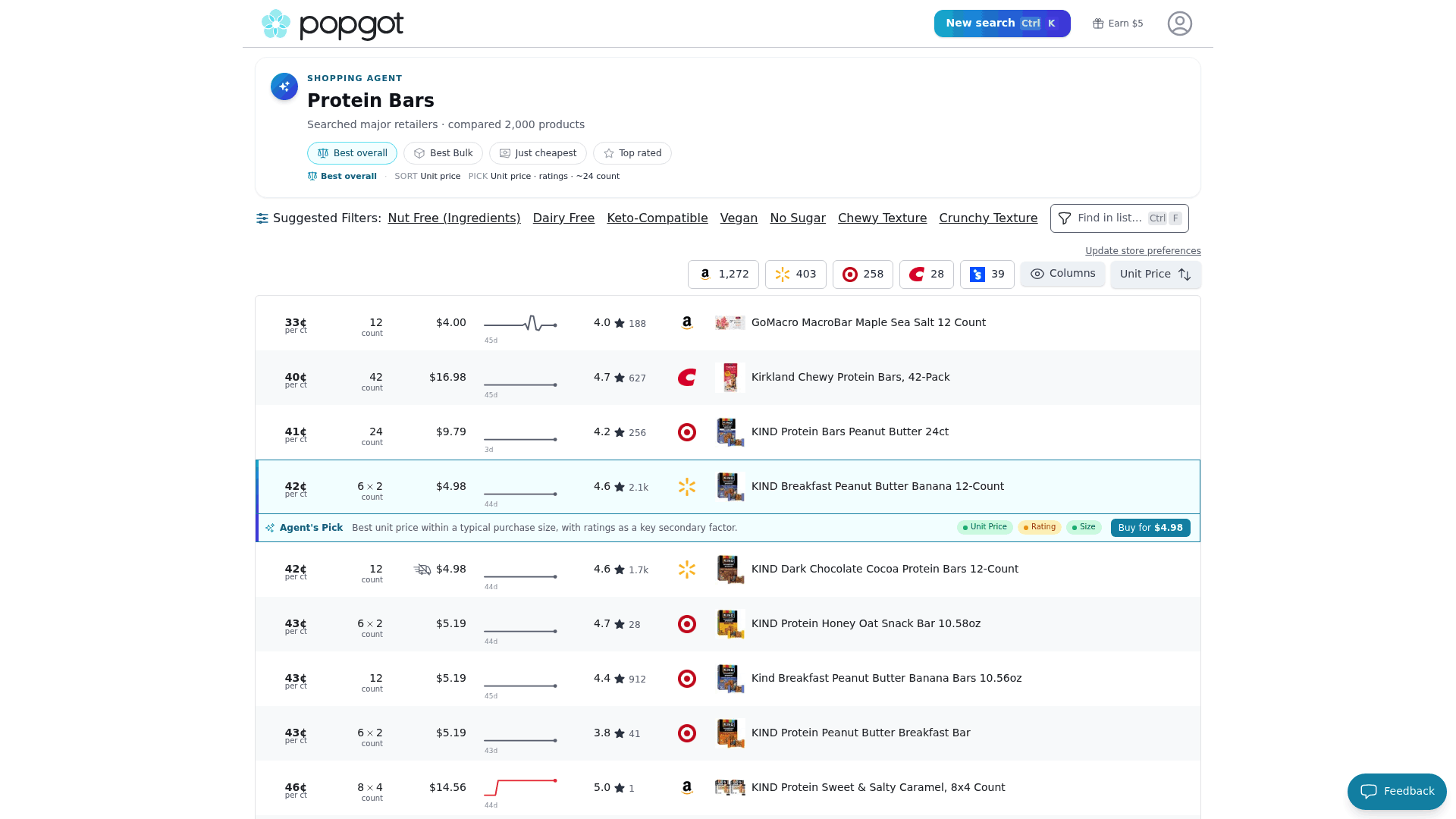 Screenshot: Popgot product‑category page for protein bars, featuring a table of unit prices across multiple retailers.