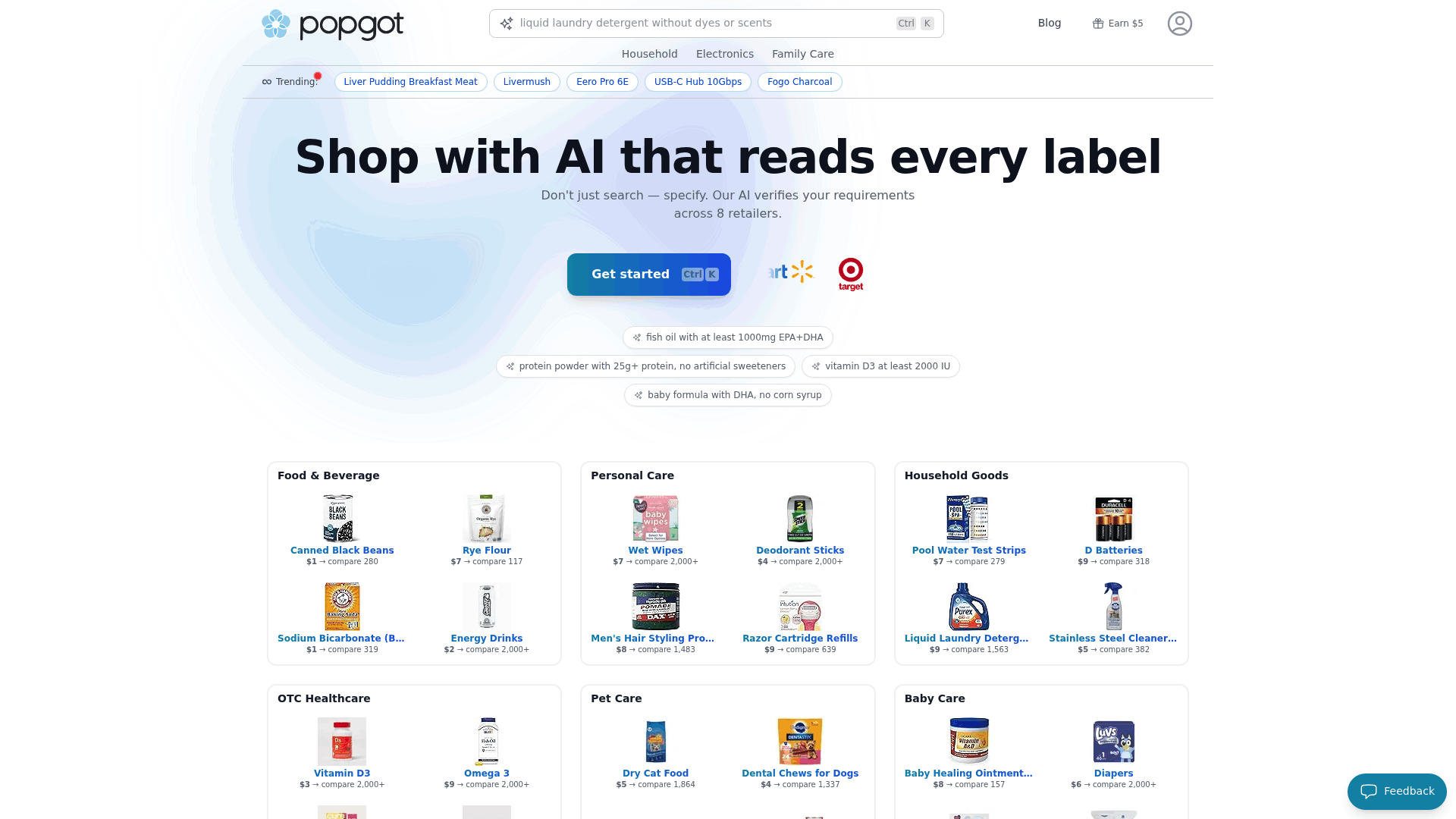 Screenshot: Popgot homepage search interface showing the search bar, the "Get started" button, and the initial product suggestions.