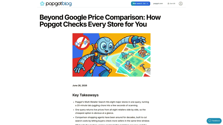 Screenshot: Full‑page screenshot of the blog explaining Popgot's multi‑retailer search feature.