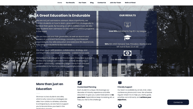 Screenshot: Overview of Endurable’s services (Customized Planning, Teamwork & Collaboration, Mentorship, etc.)