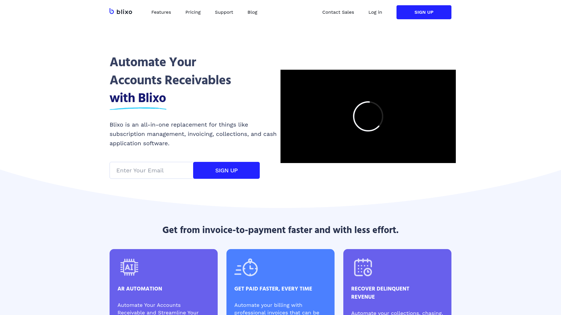 Screenshot: Overview of Blixo&rsquo;s key features such as automated collections, cash application, and subscription billing.