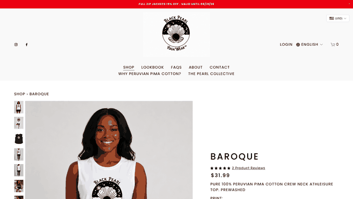 Screenshot: Product page for the Baroque top, illustrating the breathable cotton construction and styling options.