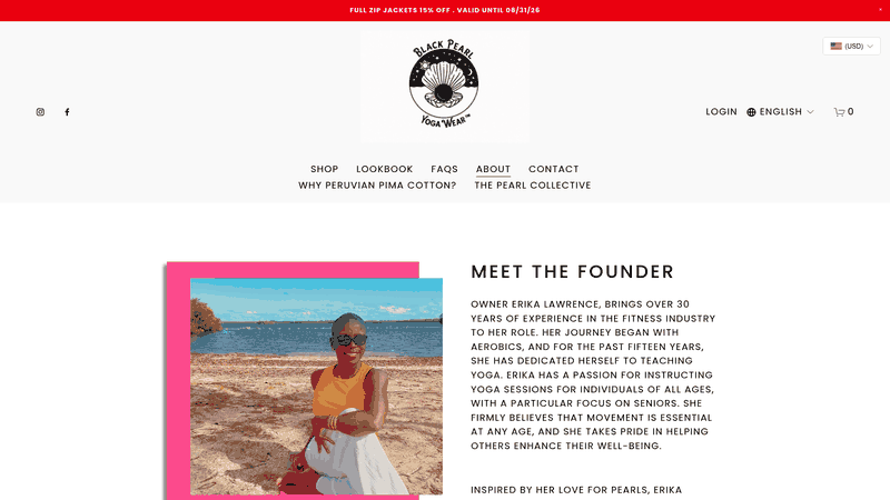 Screenshot: About page snapshot showing the brand's commitment to sustainability and ethical sourcing.