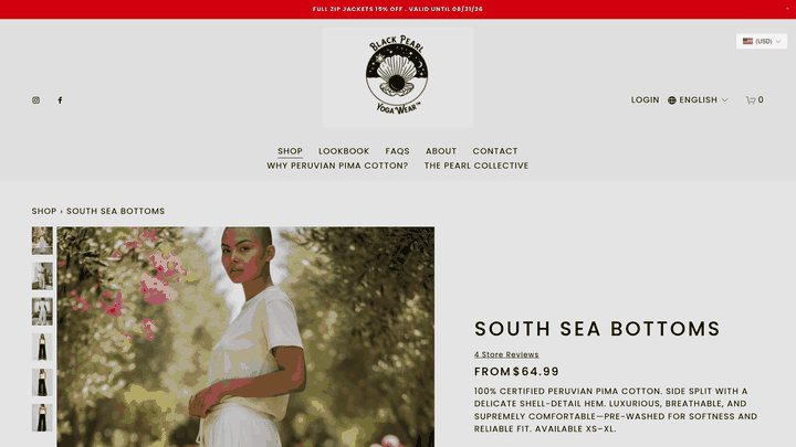 Screenshot: Product page for the South Sea Bottoms, highlighting the 100% certified Peruvian Pima cotton material and design details.