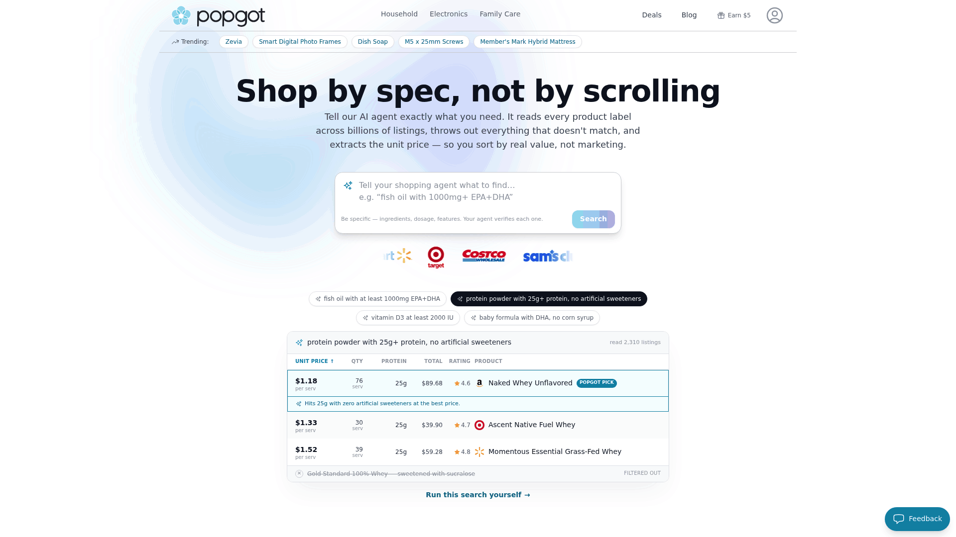 Screenshot: Screenshot of the features section highlighting the key benefits of Popgot: specs verification, billion‑product search, and true unit‑price sorting.