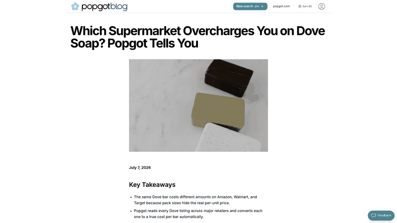 Screenshot: Full-page capture of Popgot's comparison table showing Dove soap prices across Amazon, Walmart, and Target, with the per-bar cost highlighted.