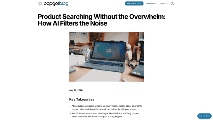Screenshot: Screenshot of the AI technology section, illustrating how Popgot reads product labels, verifies specifications, and calculates true unit prices.