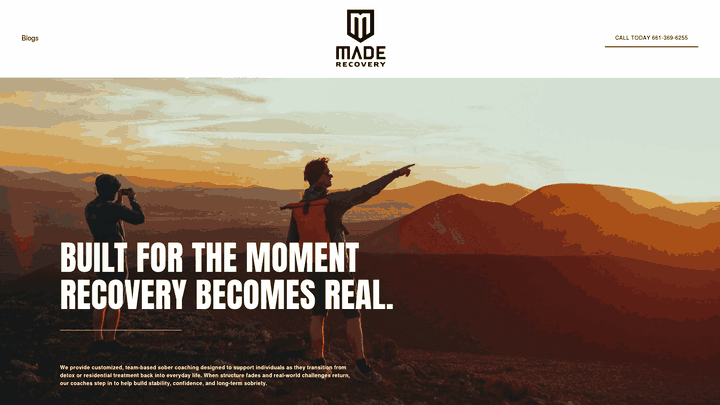 Screenshot: MADE Recovery homepage showcasing the overall sober coaching program and core messaging