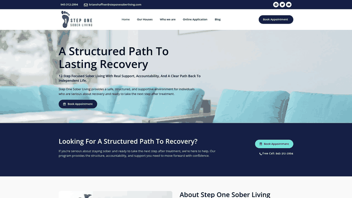 Screenshot: Homepage of Step One Sober Living, illustrating a typical sober‑living‑home environment with structured support and community features.