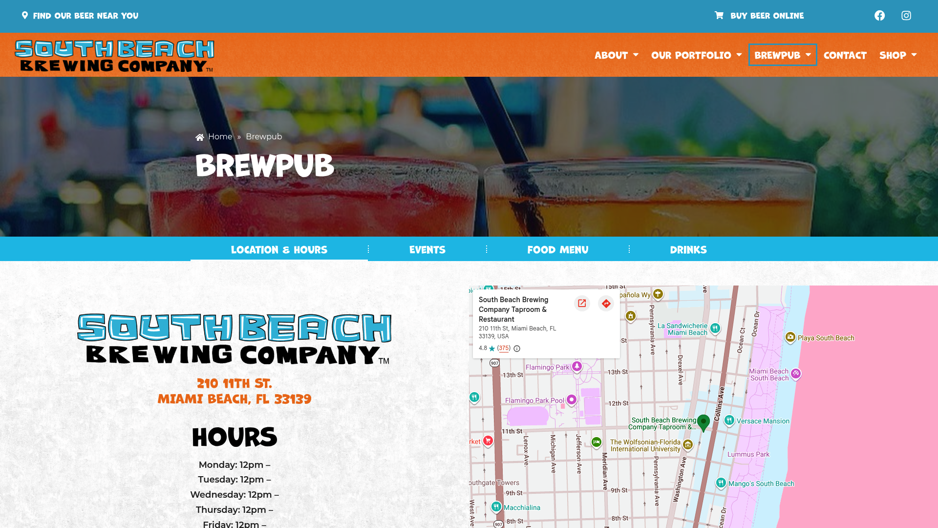 Screenshot: Menu and pricing for beers, cocktails, and food at the brewpub.