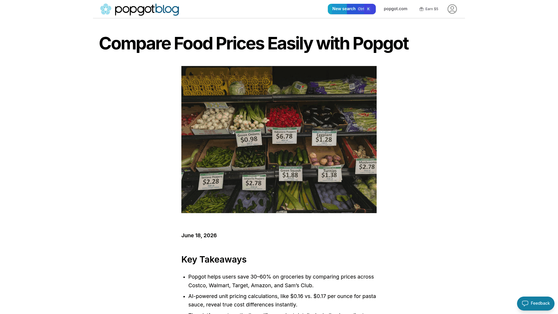 Screenshot: A Popgot blog post excerpt showing how the platform pulls price data from major retailers.