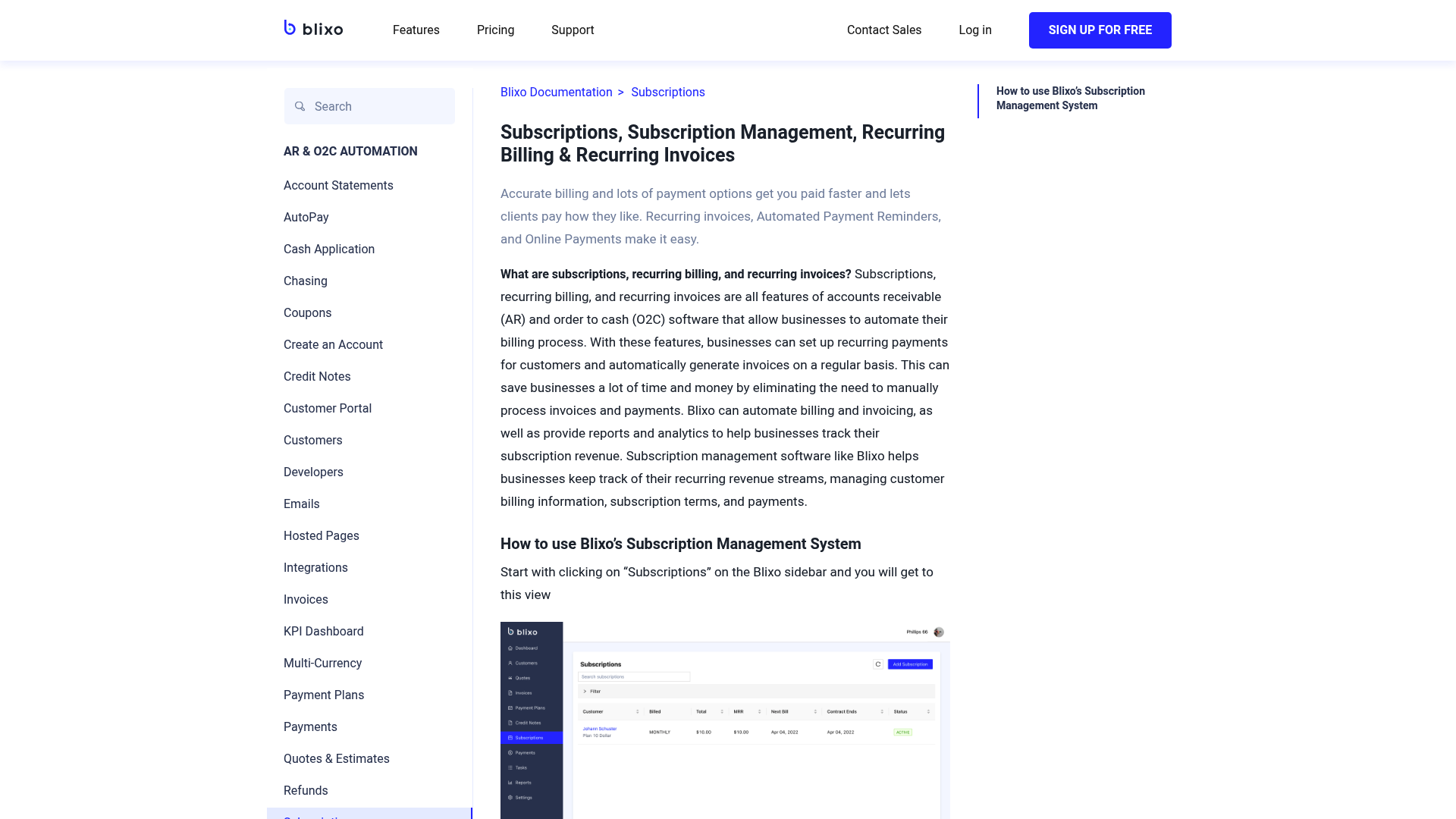 Screenshot: Illustration of the subscription management dashboard from the documentation.