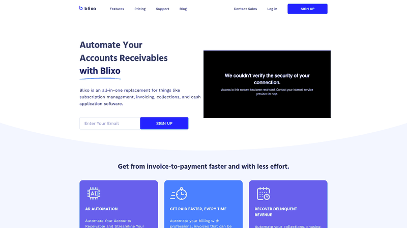 Screenshot: Blixo&rsquo;s homepage showcases the product&rsquo;s value proposition, key features, and visual branding, giving readers an immediate visual context for the platform.