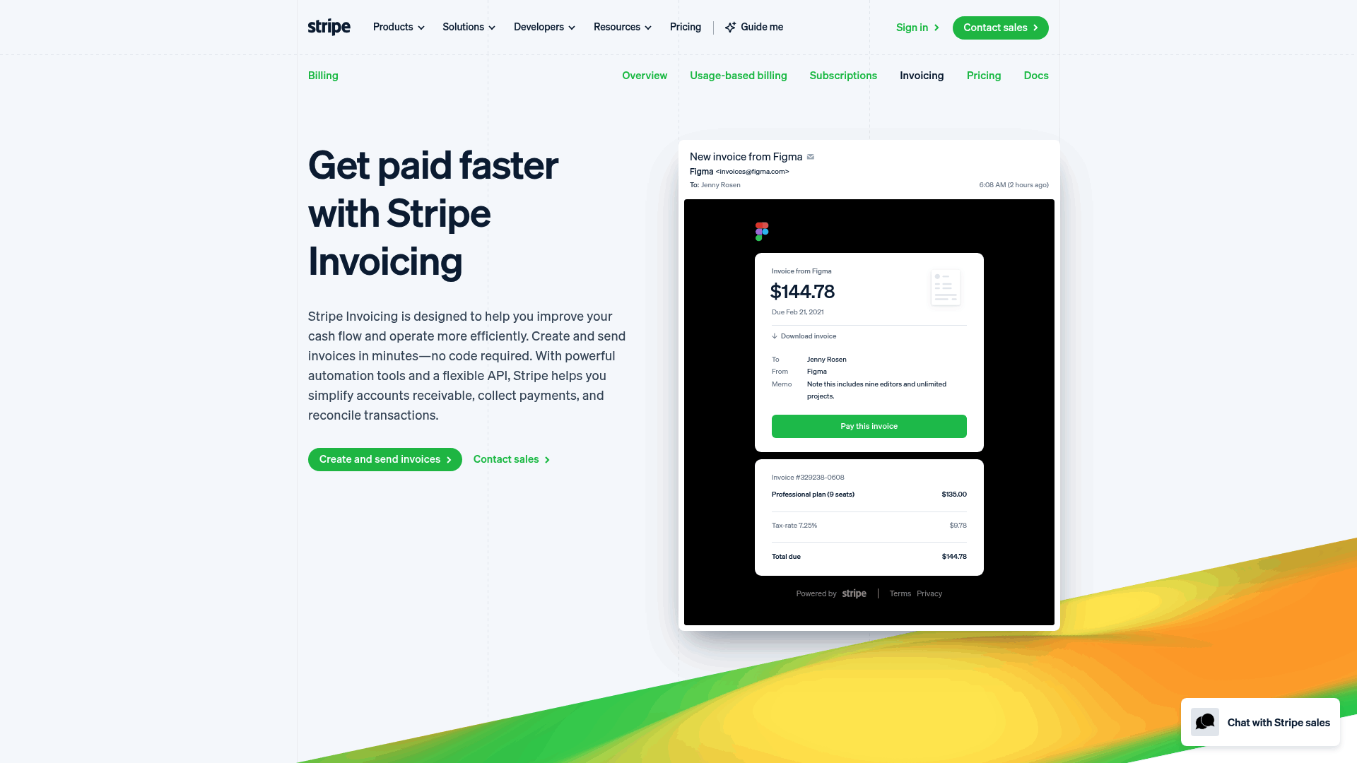 Screenshot: Stripe Invoicing interface with sample invoice and payment options