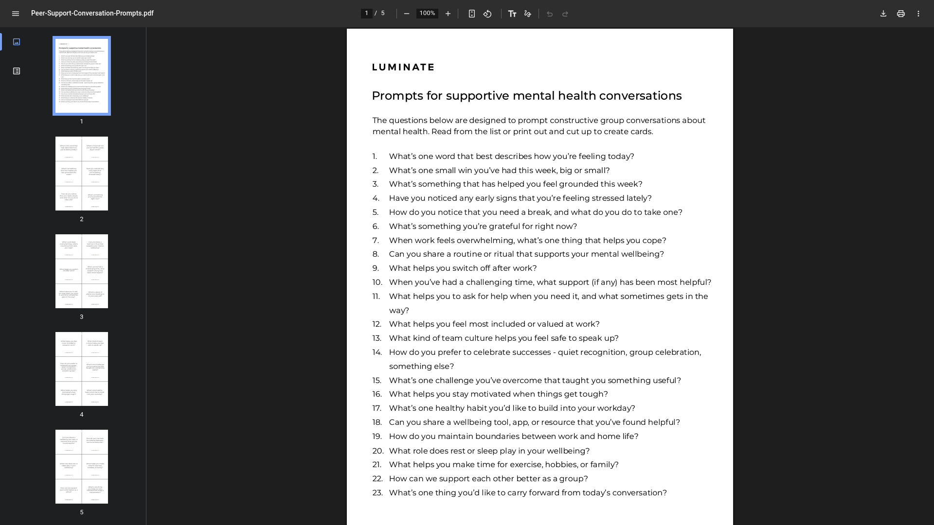 Screenshot: PDF of peer‑support conversation prompts