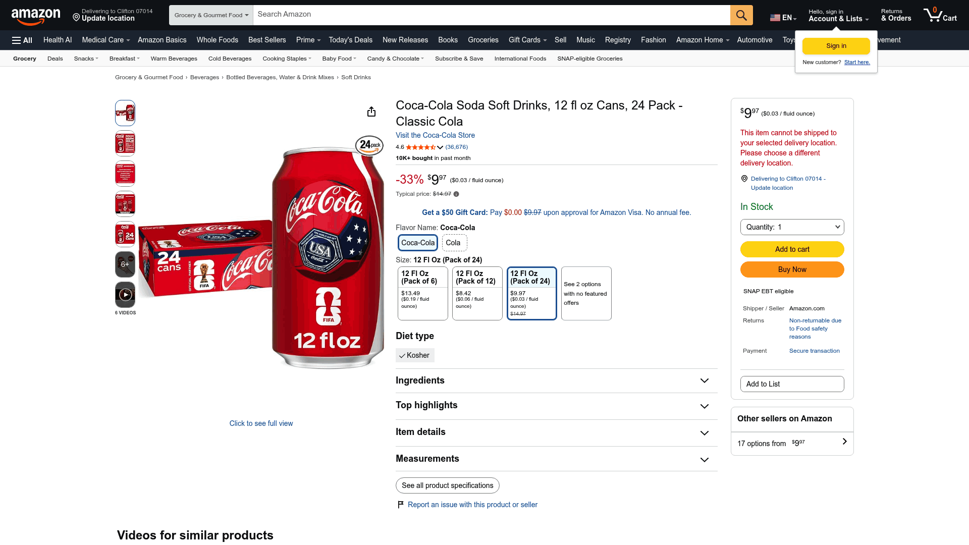 Screenshot: Amazon product page for a 24-pack of CocaβCola, displaying the price per can and total cost.