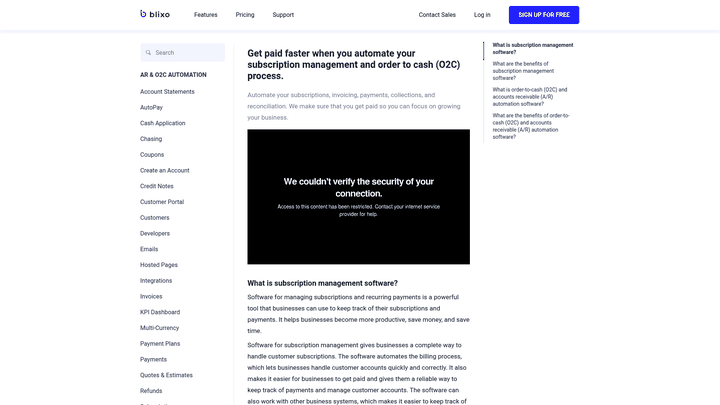 Screenshot: Screenshot of the Blixo documentation landing page, highlighting sections on API usage, integration troubleshooting, and feature guides.