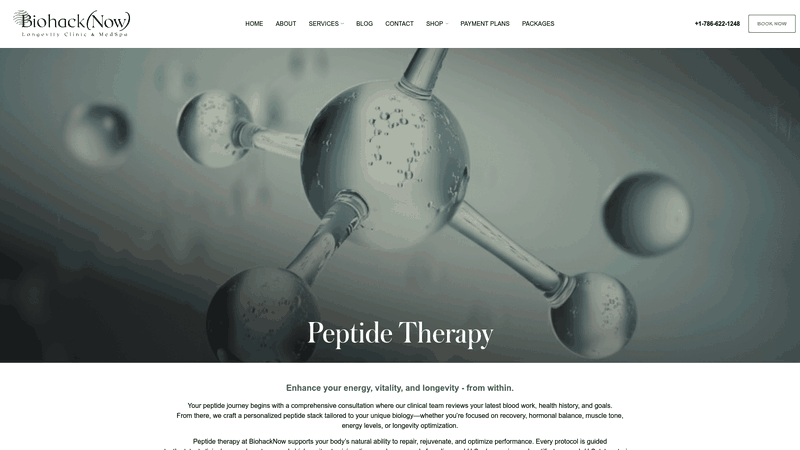 Screenshot: Screenshot of BiohackNow's Peptide Therapy page showcasing curated peptide categories and personalized protocol options.