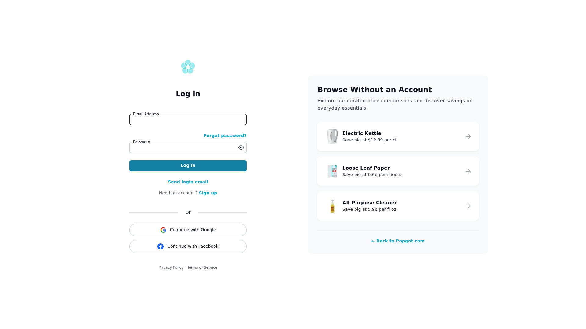 Screenshot: Login page previewing curated lists of household staples, including cleaning supplies, before authentication.