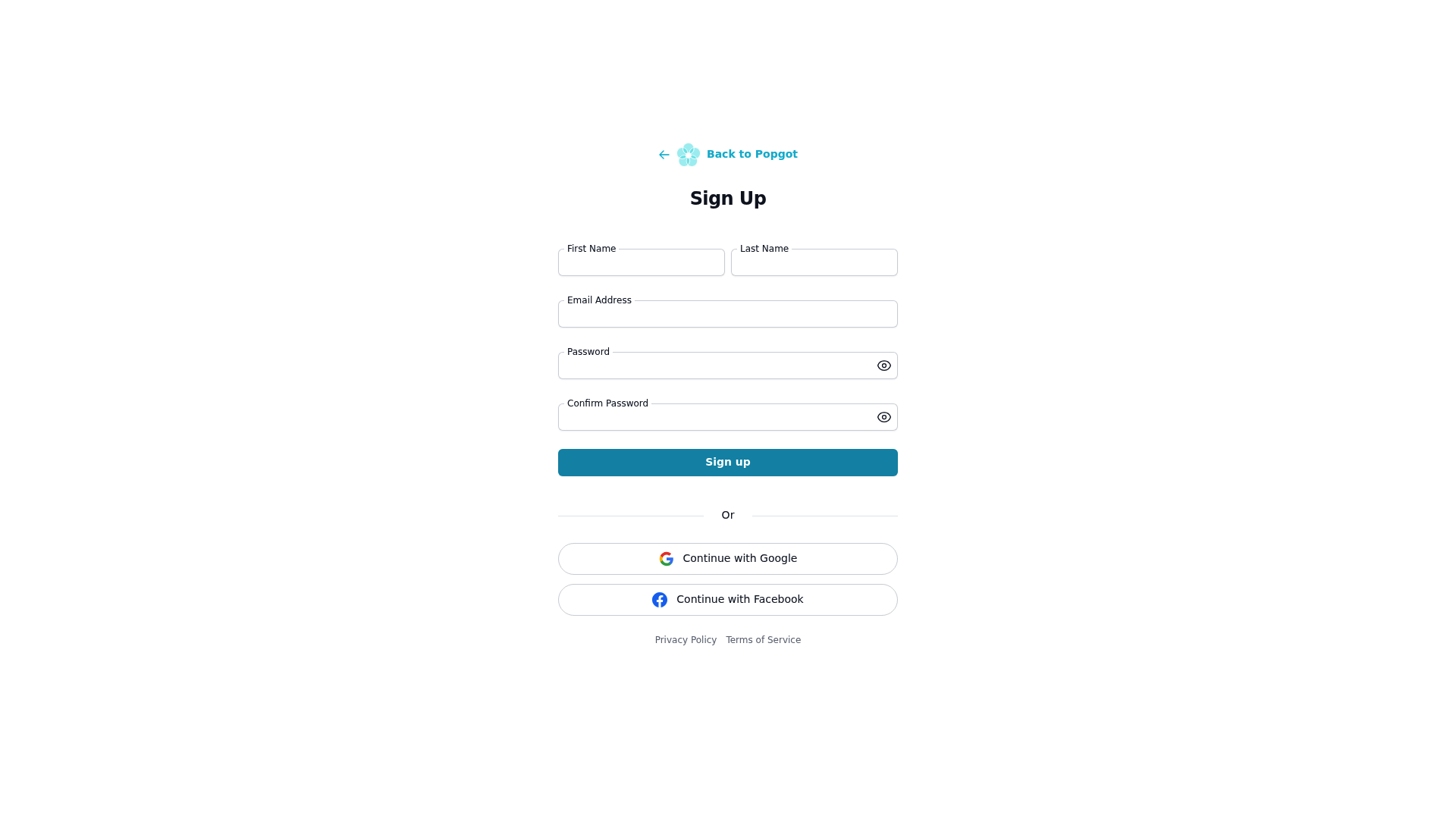Screenshot: Signup form demonstrating the minimal onboarding required to start using Popgot's AI verification and price-comparison features.