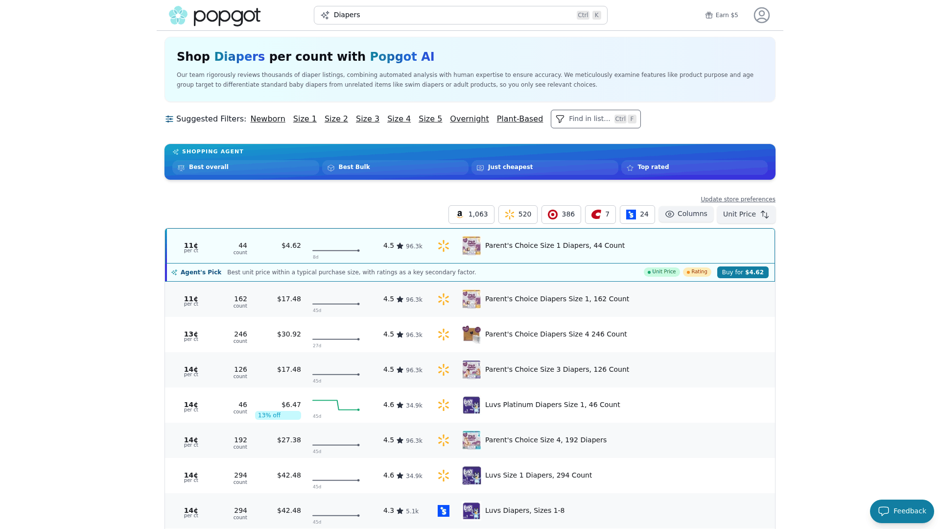 Screenshot: Filtered results for Size 1 diapers.