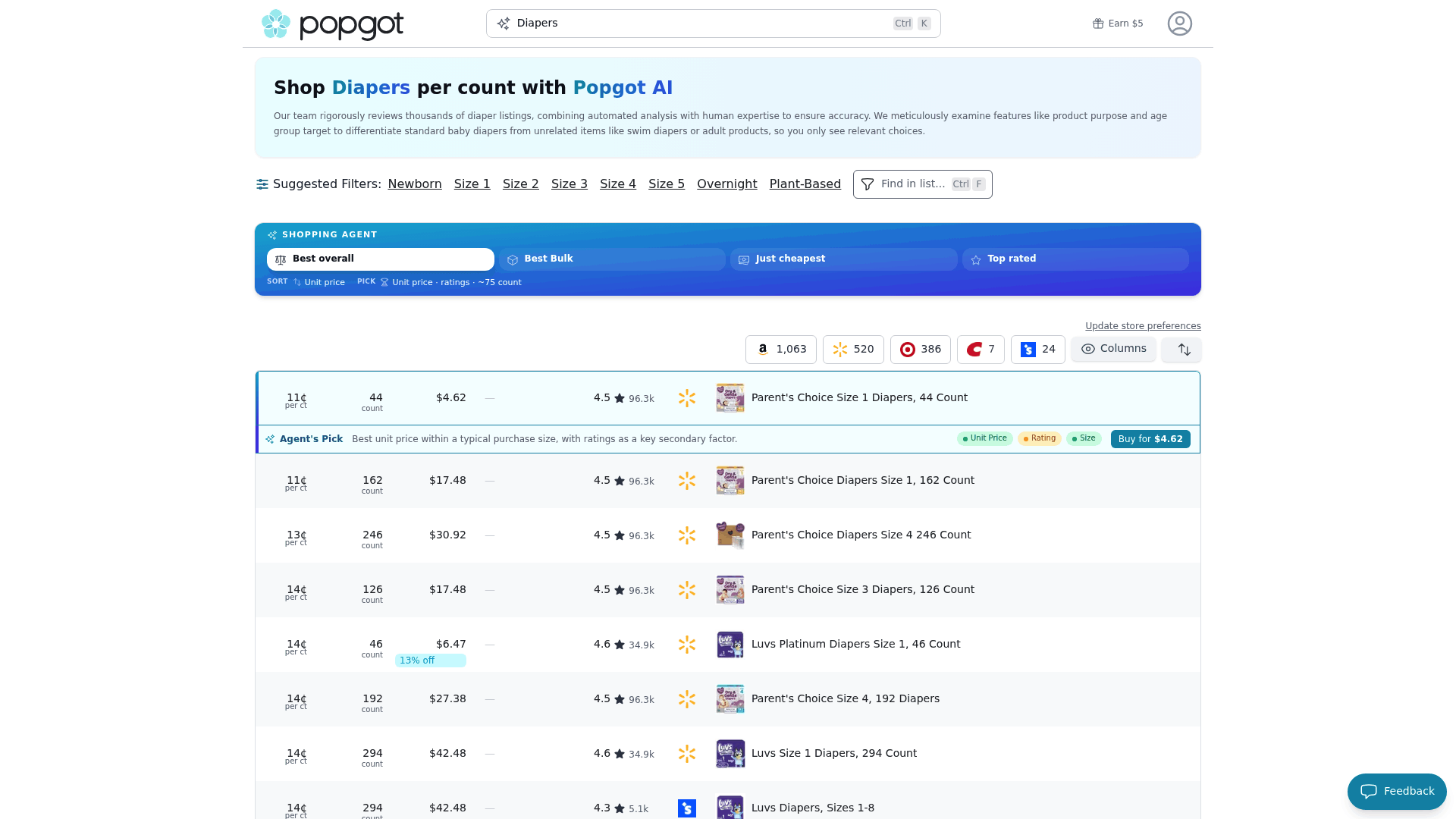 Screenshot: Results sorted by best overall unit price.