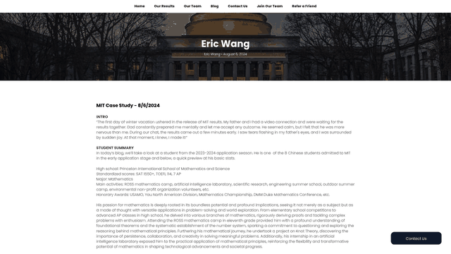 Screenshot: Snapshot of the MIT case study page, featuring the student's profile, scores, activities, and how Endurable's guidance shaped the application.