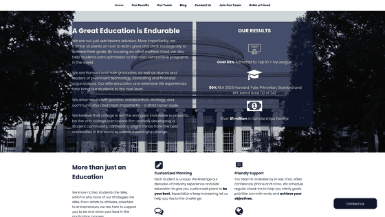 Screenshot: Overview of Endurable Education's results and mission, highlighting the 65% Top‑10+ Ivy League admission rate and the firm's focus on elite admissions.