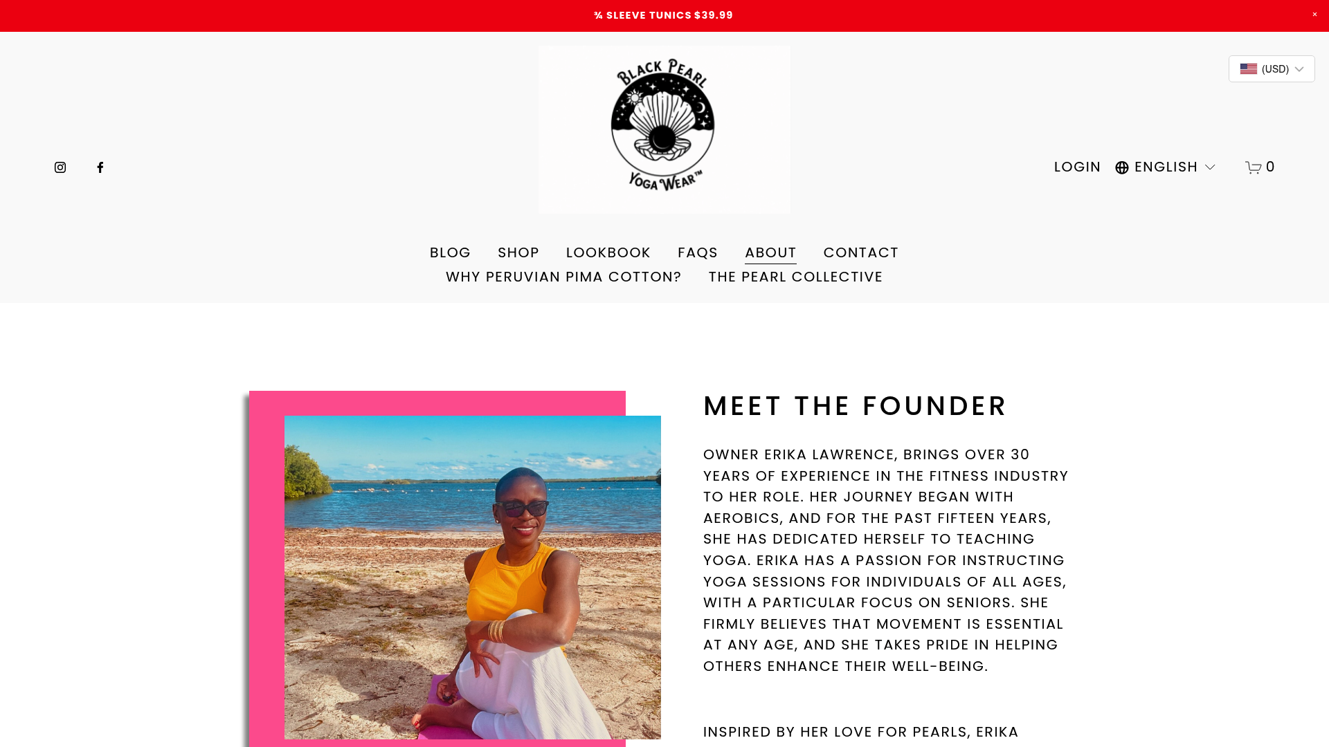 Screenshot: About page excerpt highlighting the use of 100% certified Peruvian Pima cotton.
