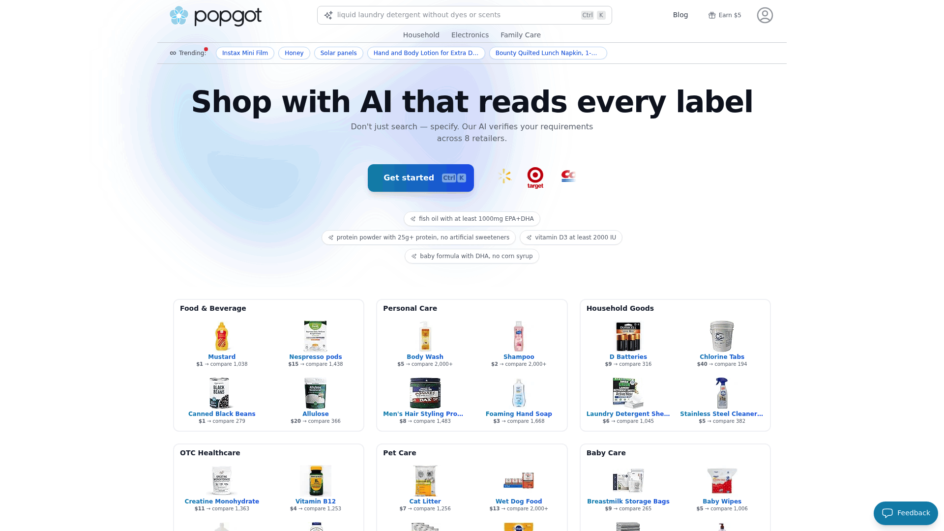 Screenshot: Popgot homepage highlighting AI-driven product verification and unit pricing.