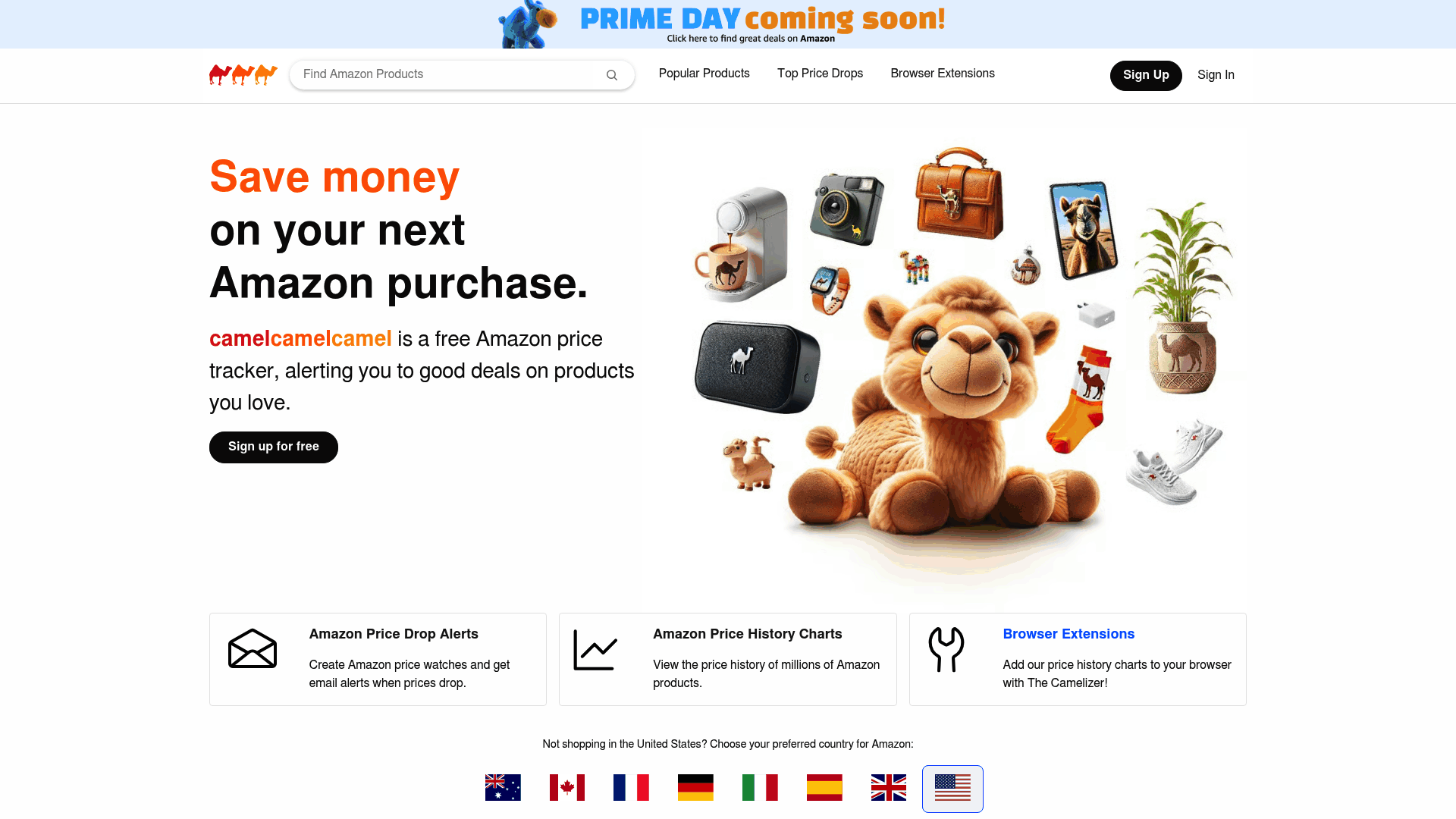 Screenshot: Homepage of CamelCamelCamel displaying its price‑history dashboard.