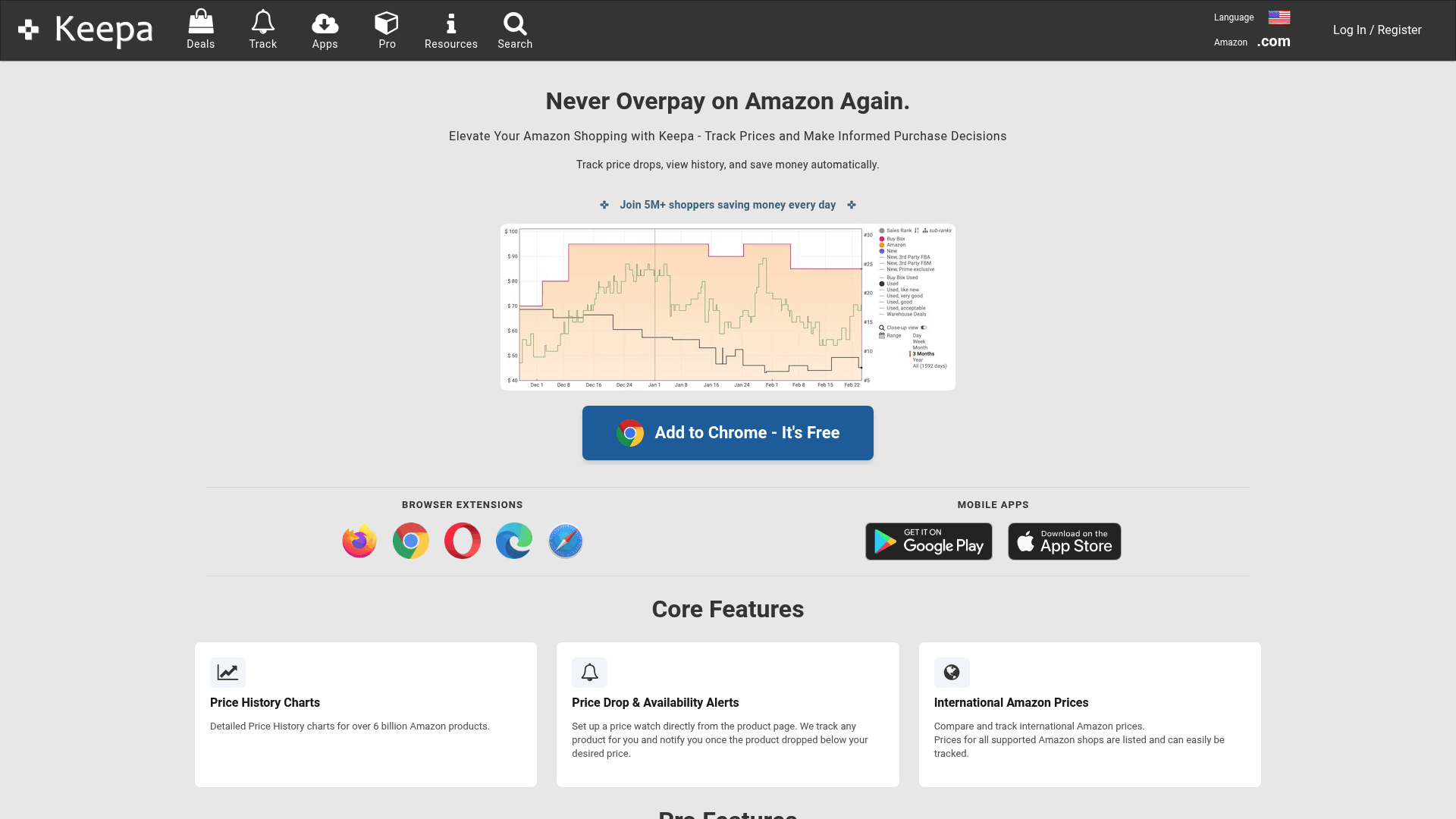 Screenshot: Keepa homepage featuring real‑time price graphs and alert options.