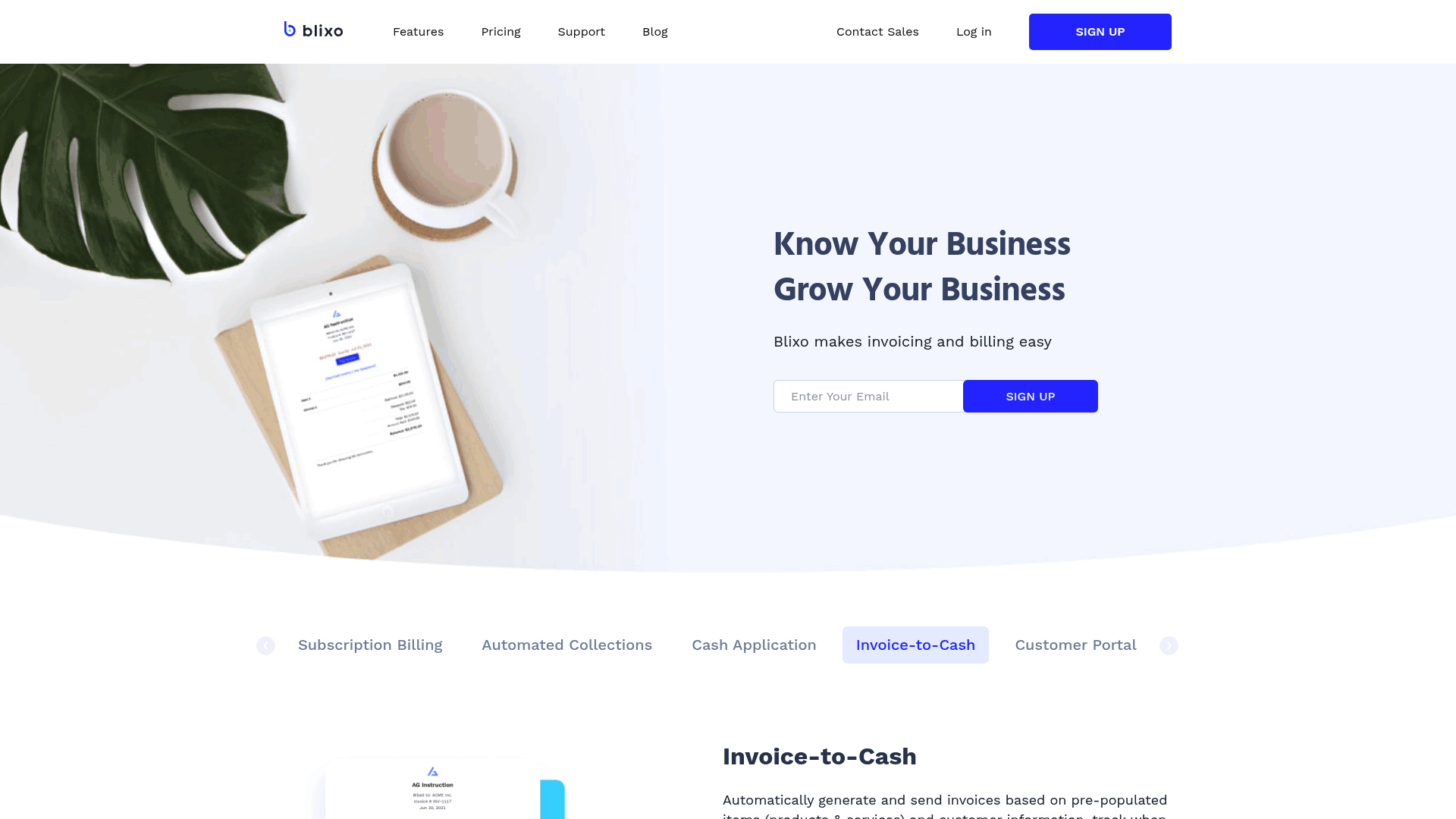 Screenshot: Blixo invoice‑to‑cash automation and payment tracking