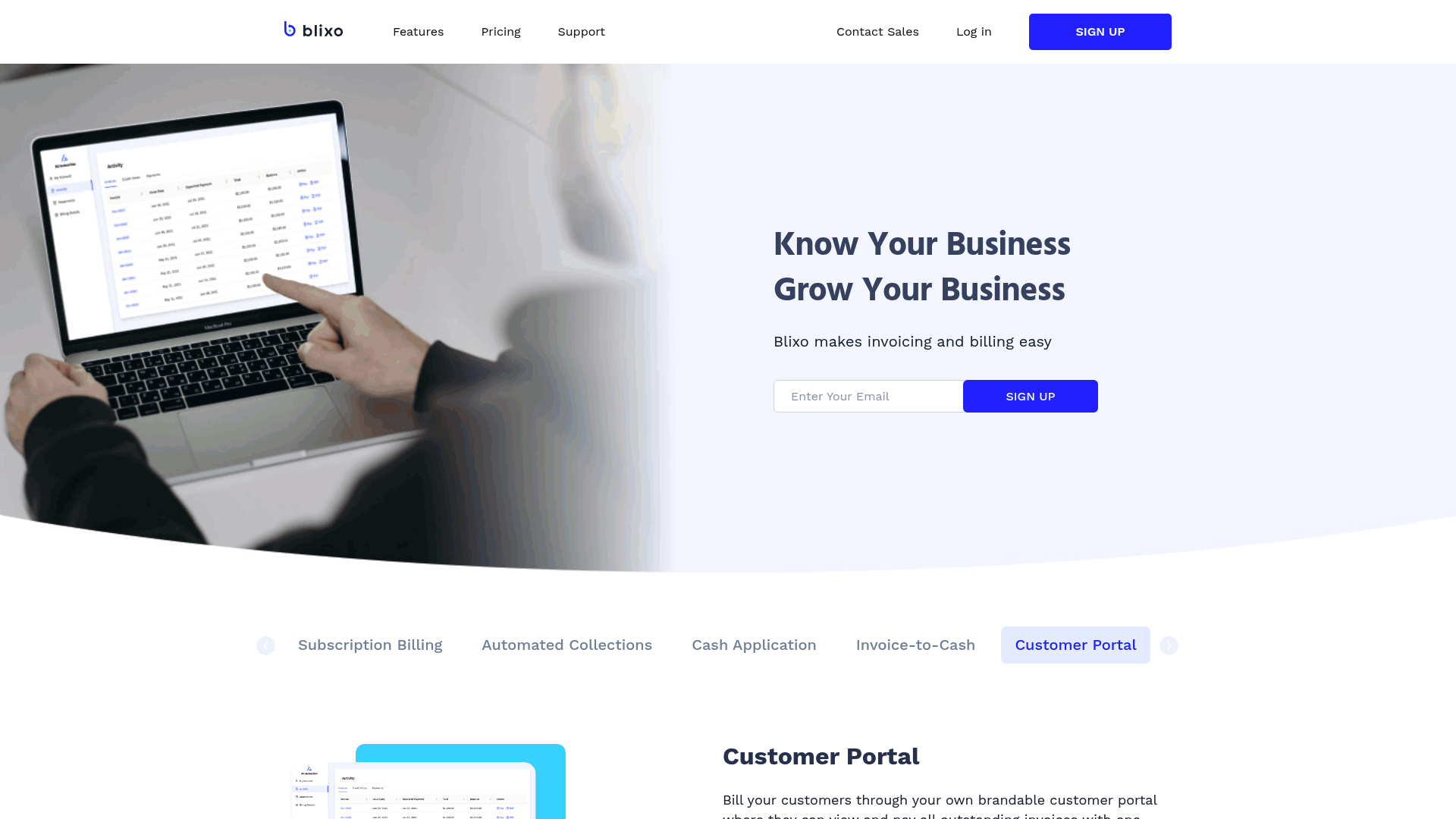 Screenshot: Screenshot of Blixo’s branded customer portal, showing invoice viewing, payment history, and subscription management features that help remote teams manage payroll and invoicing without local entities.