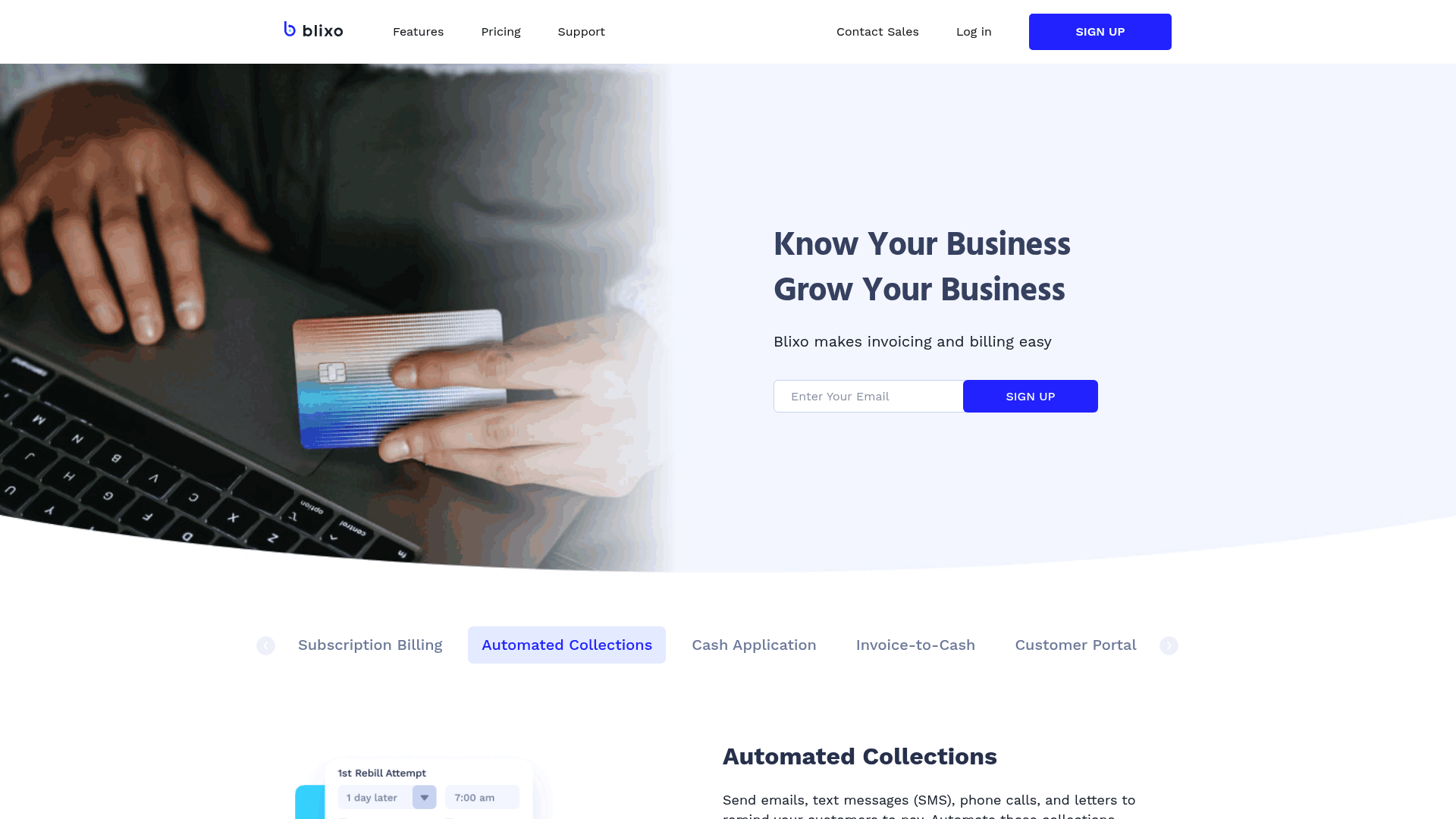 Screenshot: Blixo automated collections feature page, including pricing tiers and AI‑powered collection tools