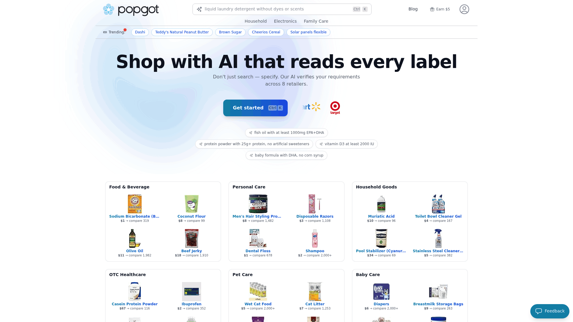 Screenshot: Popgot homepage showing the AI-driven search interface and unit-pricing comparison across retailers.
