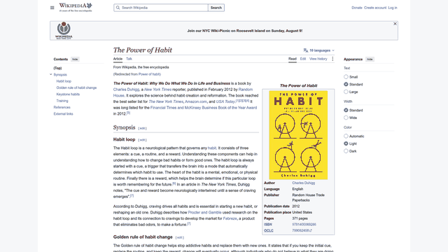 Screenshot: The habit loop diagram (cue → craving → response → reward) from the Wikipedia page on "The Power of Habit."