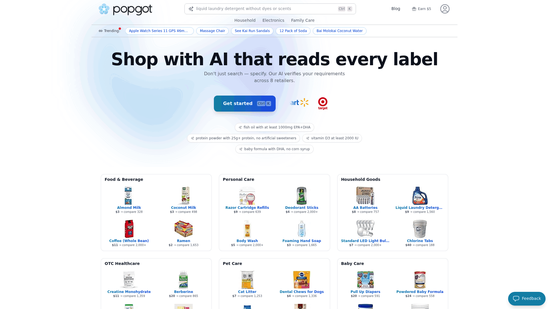 Screenshot: Homepage with search bar and ‘Get started’ call‑to‑action