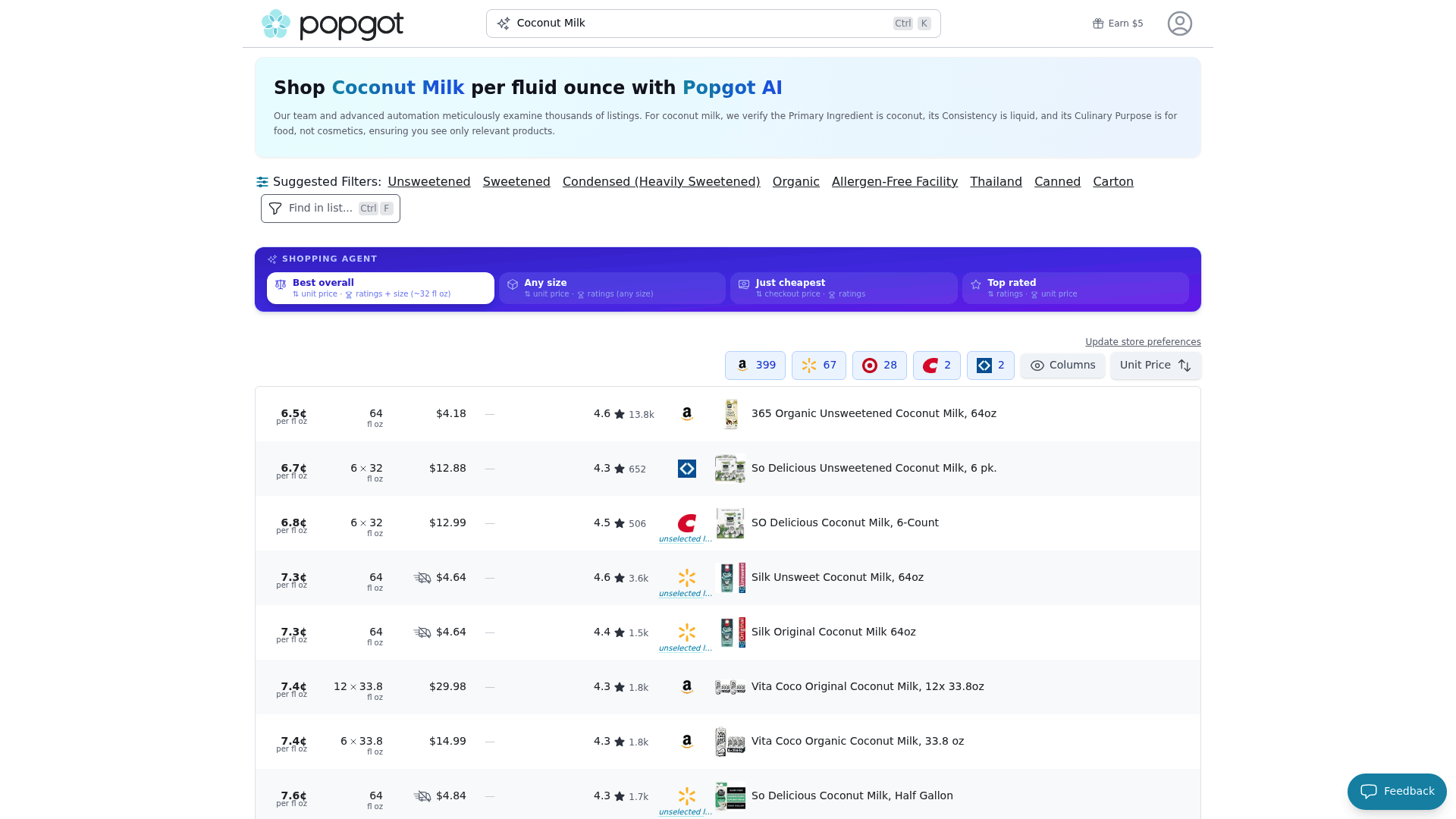Screenshot: Product page for Coconut Milk highlighting Walmart price and unit price calculation