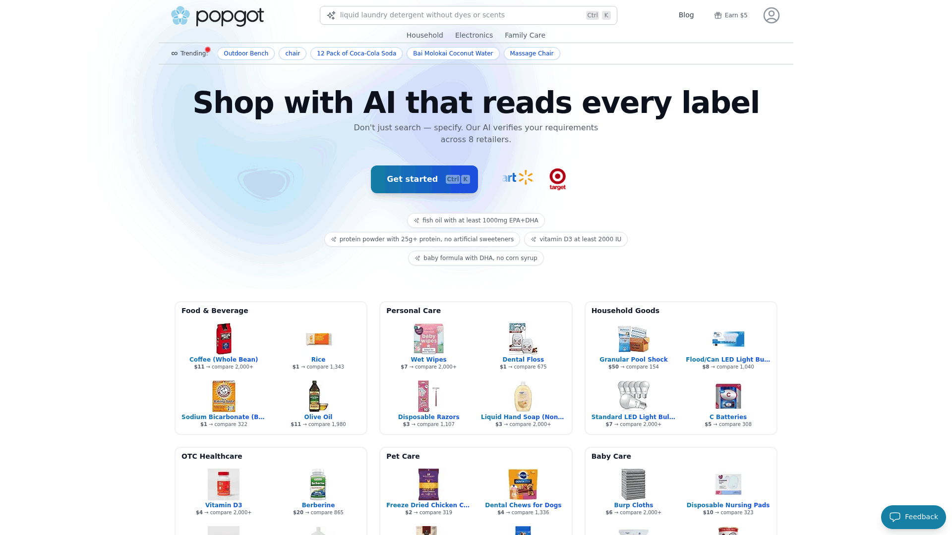 Screenshot: Screenshot of Popgot’s search interface showing the AI-powered label‑reading input field and instant results.