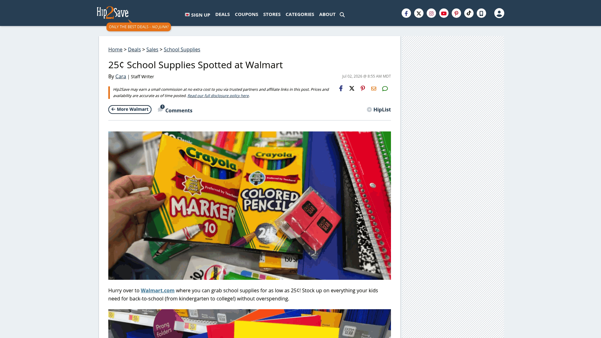 Screenshot: List of Walmart $0.25 school supply deals from a third‑party deal site.