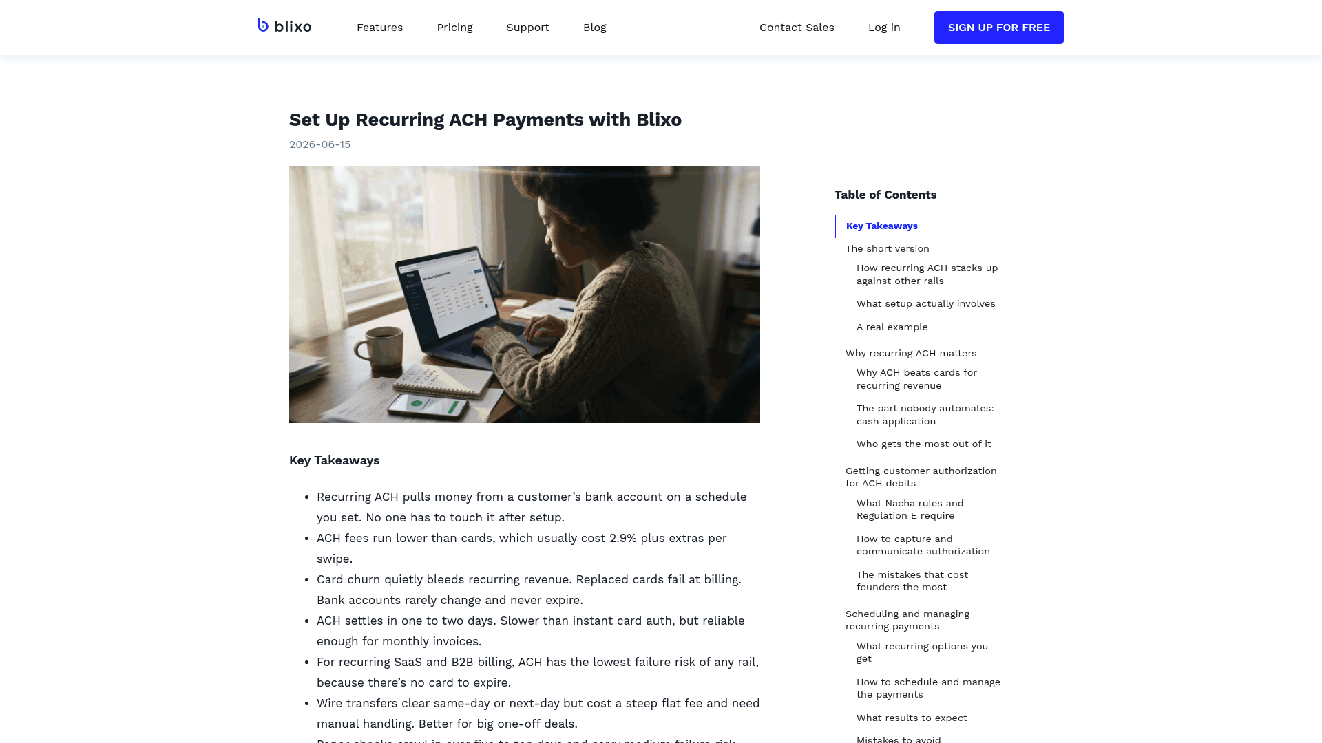 Screenshot: Key sections of Blixo’s blog post, including a cost comparison table (Method, Cost, Settlement) and the step‑by‑step process for setting up recurring ACH.