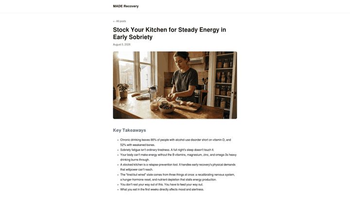 Screenshot: Shows the recommended nutrition plan and meal‑prep strategy for early sobriety.