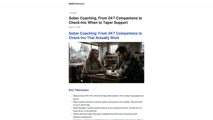 Screenshot: Illustrates how family involvement is embedded within MADE’s sober coaching framework, showing the coach’s role and family updates.