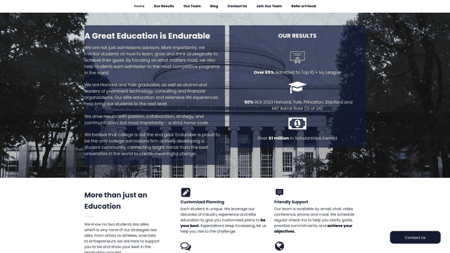 Screenshot: Full-page capture of the home page highlighting the "Our Results" section and team bios.