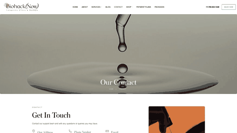 Screenshot: Contact page with phone number, email, and booking link for professional consultation.