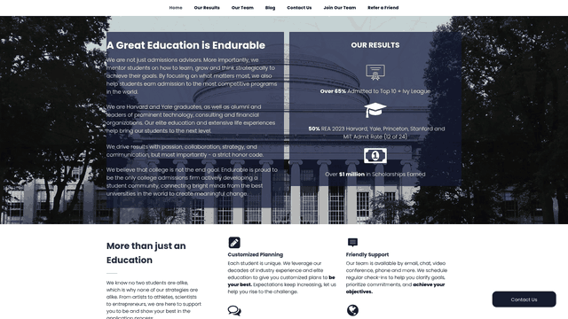 Screenshot: Image of the team page showing advisors' Ivy League credentials and experience, illustrating the expertise behind the consulting service.
