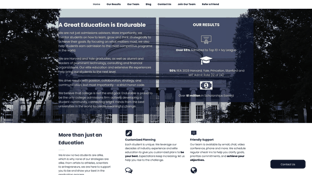 Screenshot: Snapshot of the results section, displaying admission statistics (e.g., 65% admitted to Top 10 + Ivy League) and scholarship earnings.